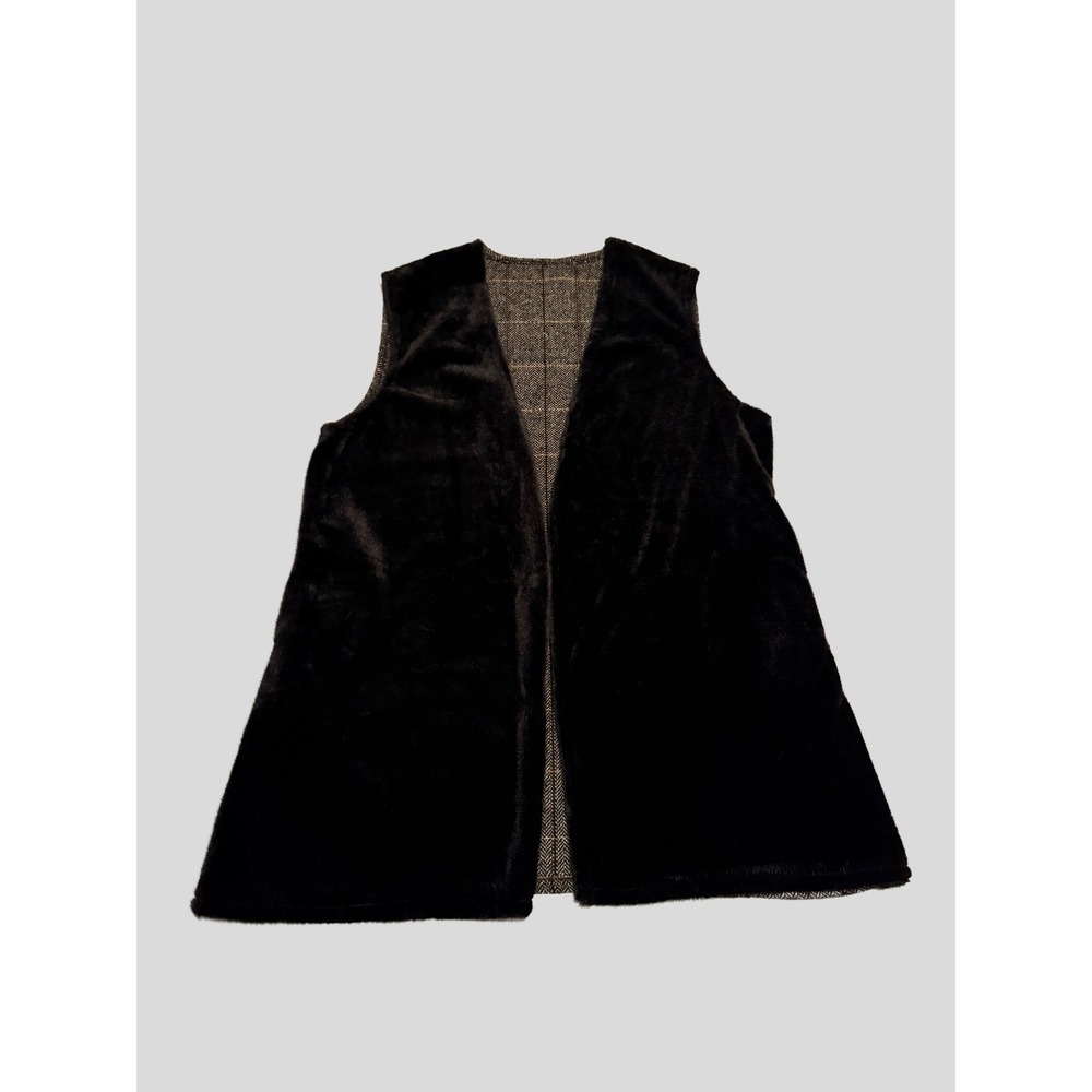 Gena plaid Faux Fur and Herringbone Tweed Longline Vest Grey Black w pockets M-L